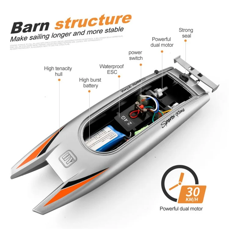 805 2.4G 30Km/h High Speed Remote Control Racing Boat Dual Motor RC Boat for Kids Adults, with 2 Batteries - Black