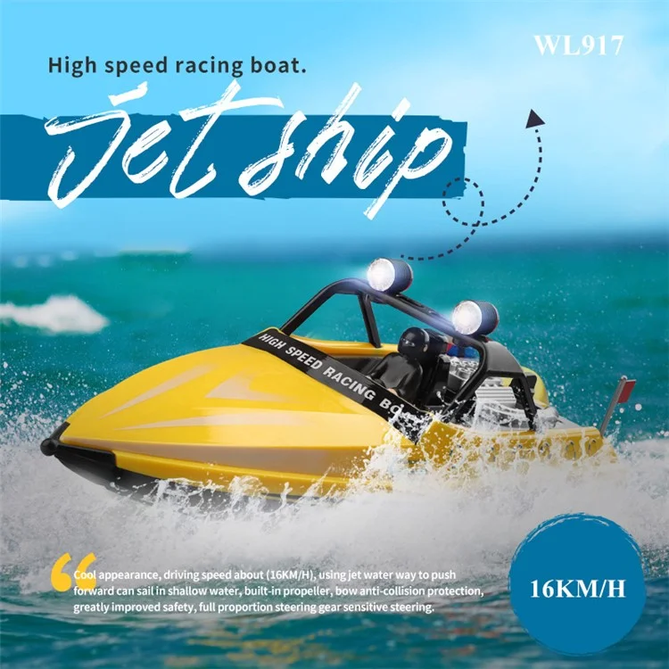 WLTOYS WL917 High-Speed Racing Boat Remote Control Competitive Boat with Lights, Propeller 16Km / h Speedboat Model Toy for Kids - Yellow