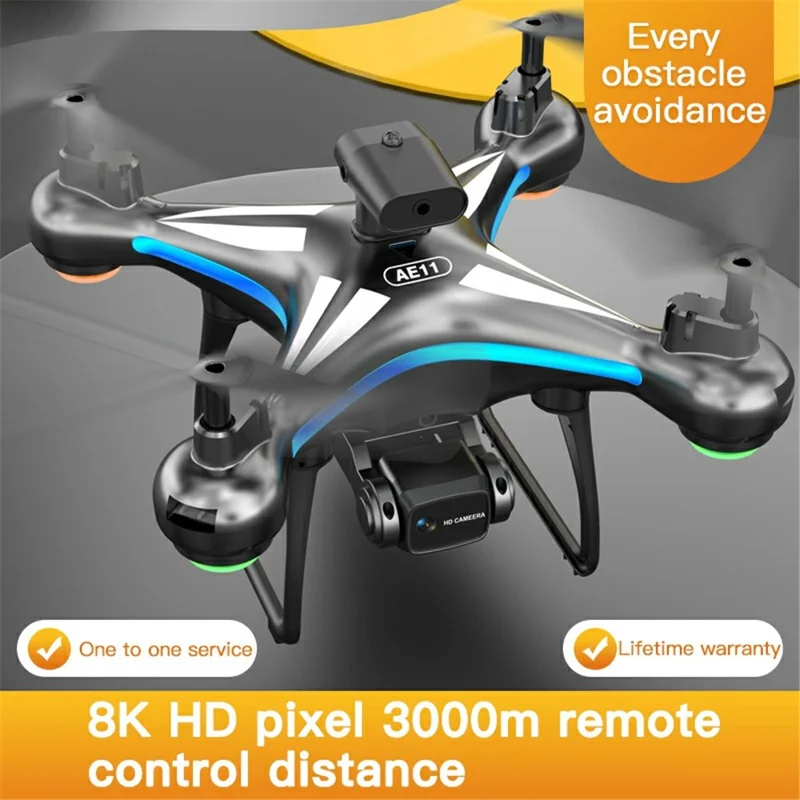طائرة بدون طيار AE11 بكاميرتين بدقة HD وهاتف عن بعد لتصوير جوي طائرة هليكوبتر رباعية المراوح مع إضاءة، وضع بدون رأس - أسود