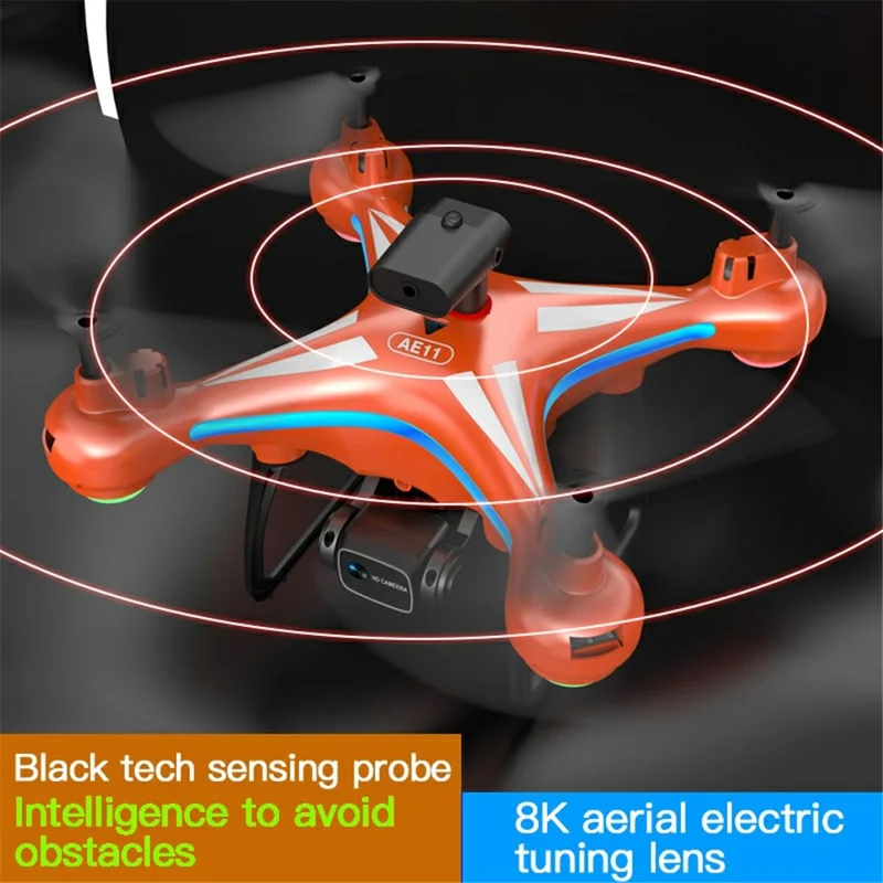 طائرة بدون طيار AE11 بكاميرتين بدقة HD وهاتف عن بعد لتصوير جوي طائرة هليكوبتر رباعية المراوح مع إضاءة، وضع بدون رأس - أسود