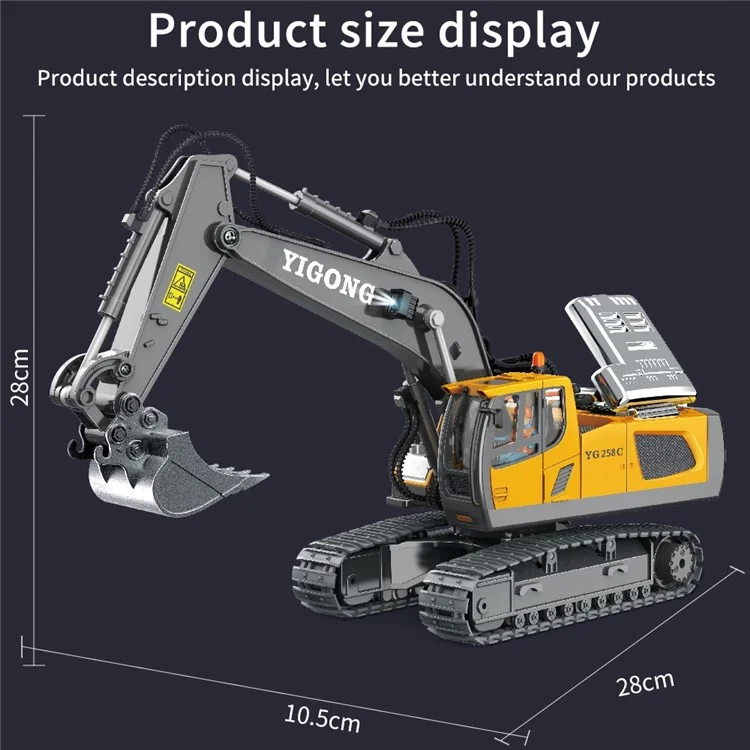 BC1043 11 Canaux 2,4g RC Excavateur 1 / 20 Échelles à Télécommande Excavatrice Construction Métallique Tracteur Véhicule Toys Pour Garçons et Filles - Jaune / Gris