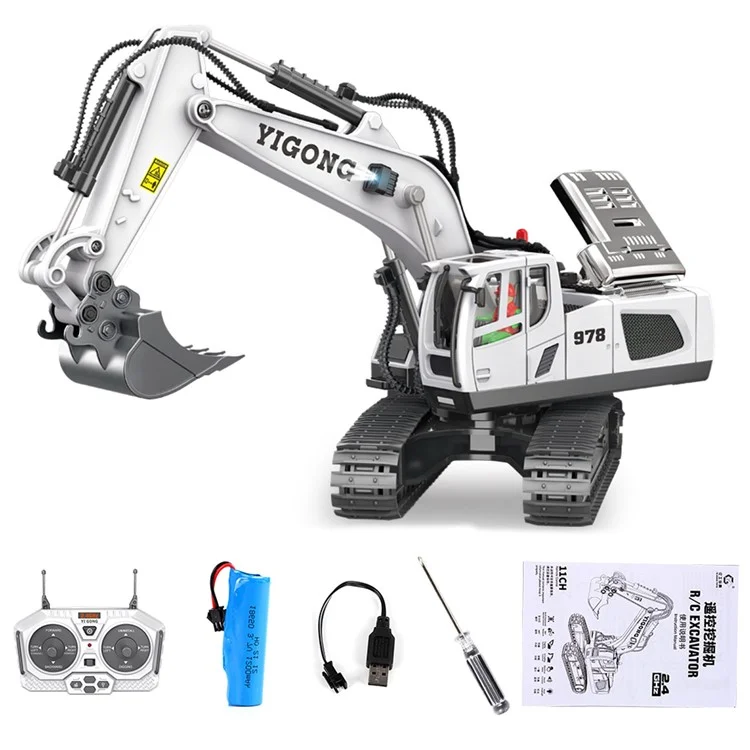 BC1043 11-Channel 2.4G RC Excavator 1 / 20 Scale Remote Control Excavator Metal Construction Vehicle Tractor Toys for Boys and Girls - White