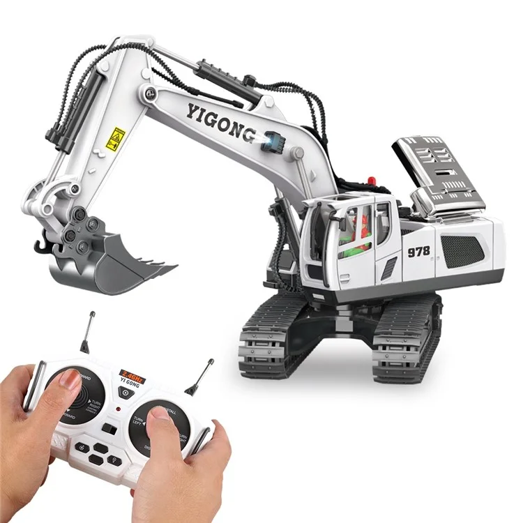 BC1043 11-Channel 2.4G RC Excavator 1 / 20 Scale Remote Control Excavator Metal Construction Vehicle Tractor Toys for Boys and Girls - White