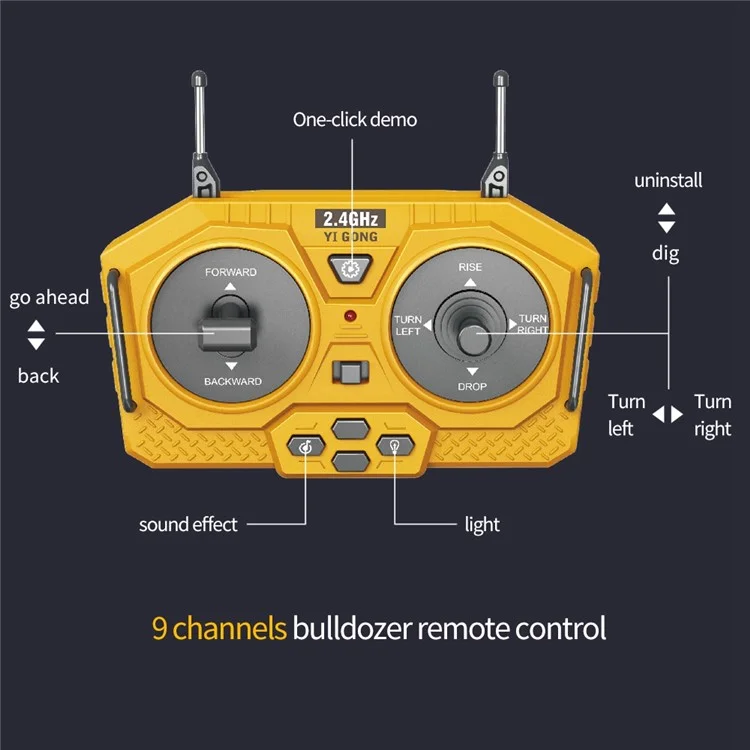 BC1045 Alloy RC Bulldozer 1 / 24 Scale 2.4G 9-Channel Dozer Front Loader Toy Metal Construction Vehicle with Light Sound for Kids