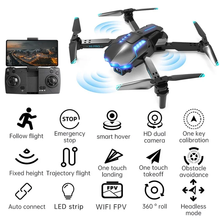 X6 Pro Dual-Lens RC Quadcopter Optical Flow Positionnement Intelligent 3 Voies Évitement du Drone RC Avec Fonction de Survol Intelligent