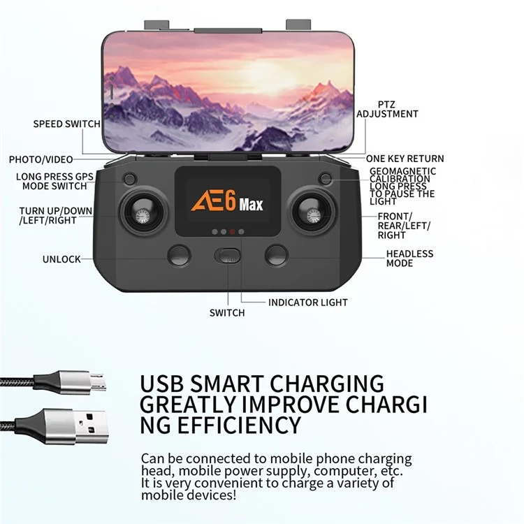 AE6 Max 360 Grado Evitación de Obstáculos RC Quadcopter sin escobillas de 4 Ejes HD Dual-Lente Plegable RC Drone con Control Remoto - Negro 