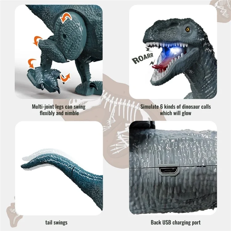 YT6699 2.4G RC Walking Dinosaur Robot Toy Remote Control LED Light Music Emulation Animal Children Toy - Silver / Blue