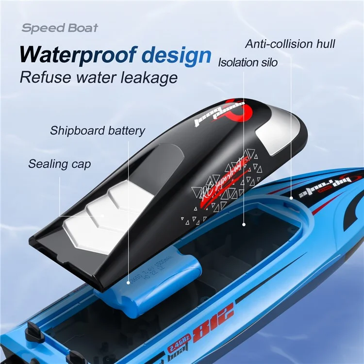 812 2.4Ghz Bateau télécommandé haute vitesse Imperméable à l'eau Jouet nautique pour enfants, 1 Batterie - Bleu 