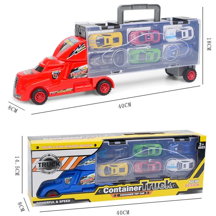 Transport Car Carrier Truck Toy Container Truck with 6 Mini Stylish Metal Racing Cars and Two Slide Tracks - Red