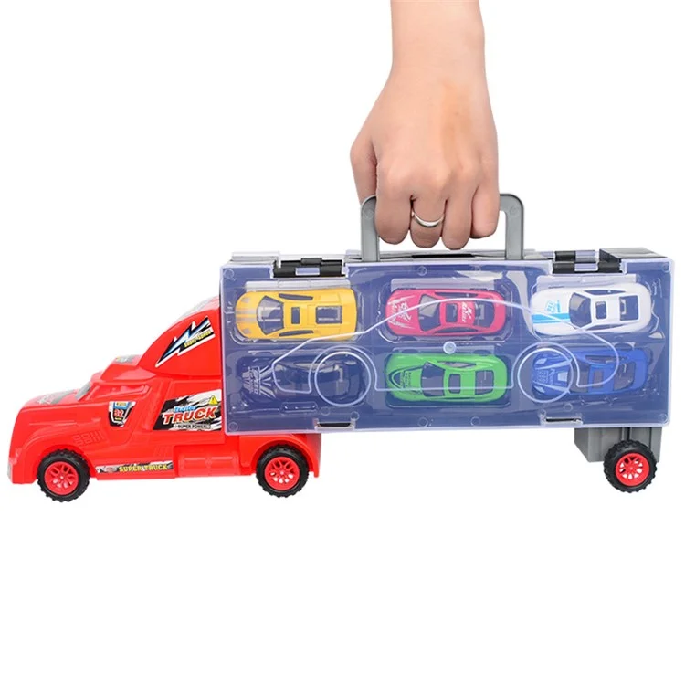 Transport Car Carrier Truck Toy Container Truck with 6 Mini Stylish Metal Racing Cars and Two Slide Tracks - Red