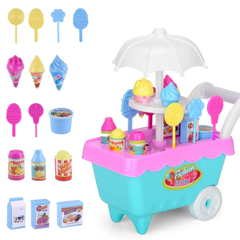 19Pcs / Set Children's Simulation Candy Ice Cream Cart Set Educational Toys(without Light and Music) - Pink