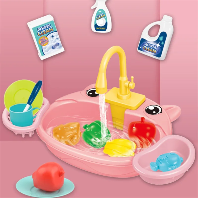 890 Kitchen Sink Toys Set for Kids Automatic Water Cycle System Electric Dishwasher Pretend Toy - Green