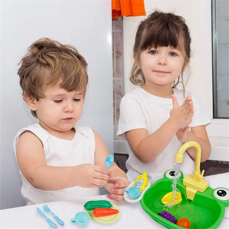 890 Kitchen Sink Toys Set for Kids Automatic Water Cycle System Electric Dishwasher Pretend Toy - Green