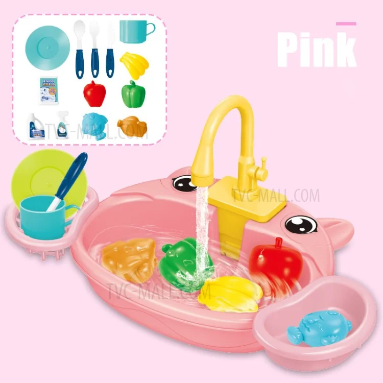 Conjunto de Brinquedos de Pia de Cozinha 890 para Crianças com Sistema de Ciclo de Água Automático e Lava-Louças Elétrico Simulado - Rosa