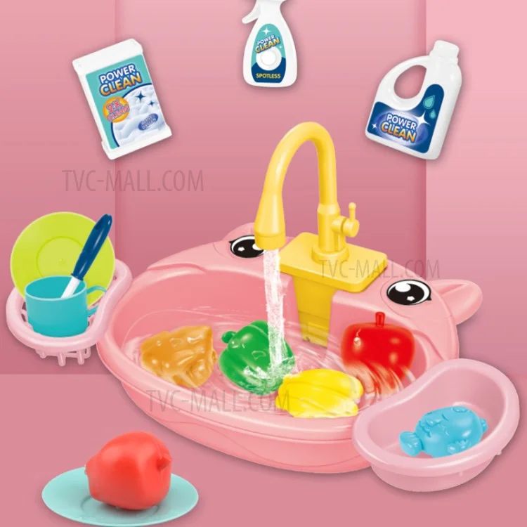 Conjunto de Brinquedos de Pia de Cozinha 890 para Crianças com Sistema de Ciclo de Água Automático e Lava-Louças Elétrico Simulado - Rosa