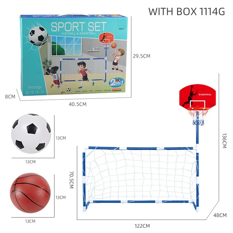 7701 2-in-1 Outdoor Sports Center Kids Toy Basketball Soccer Sports Station Indoor Arcade Game with Basketball Hoop Soccer Goal for Boys and Girls