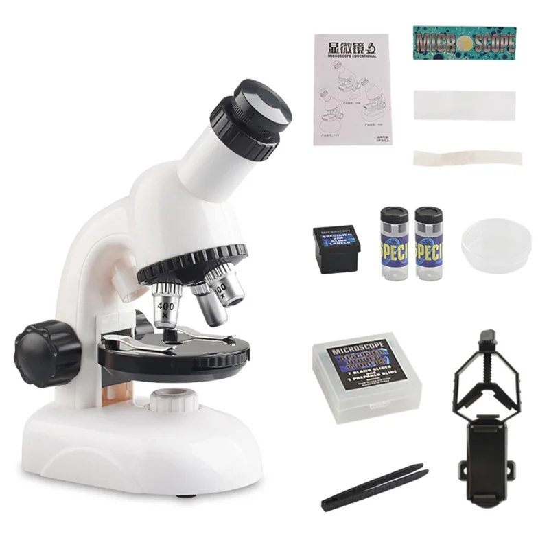 2203/2205 Children Microscope Kit 100X/400X/1200X Magnification Science Toys Microscope Slides with Specimens for Kids Students Microscope STEM Educational Toy - 2203 White