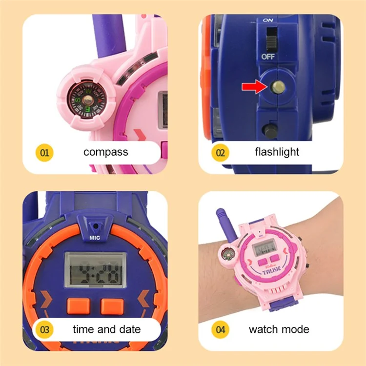 060 2 unidades Walkie Talkie de reloj Mini Alcance inalámbrico de 200 m Función de intercomunicación sin manos Linterna Brújula Juguetes Regalo de cumpleaños para niños (Diseño recargable) 