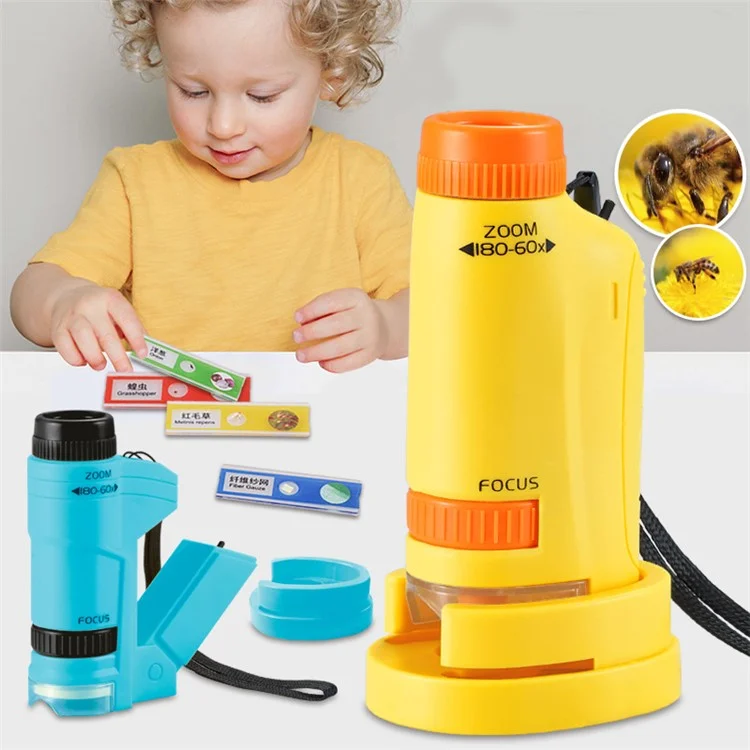 Microscopio portatile per bambini da 60 a 180 ingrandimenti, per osservazioni scientifiche con luce a LED, giocattolo educativo - 2212 Blu