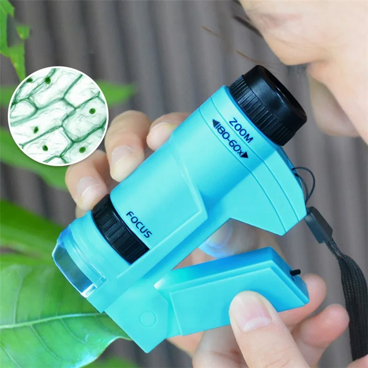 60-180x Kids Science Microscope Handheld Observation Microscope with LED Light Children Educational Toy - 2211 Blue