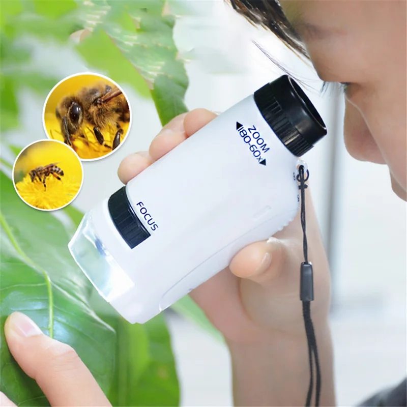 60-180x Kids Science Microscope Handheld Observation Microscope with LED Light Children Educational Toy - 2211 Yellow