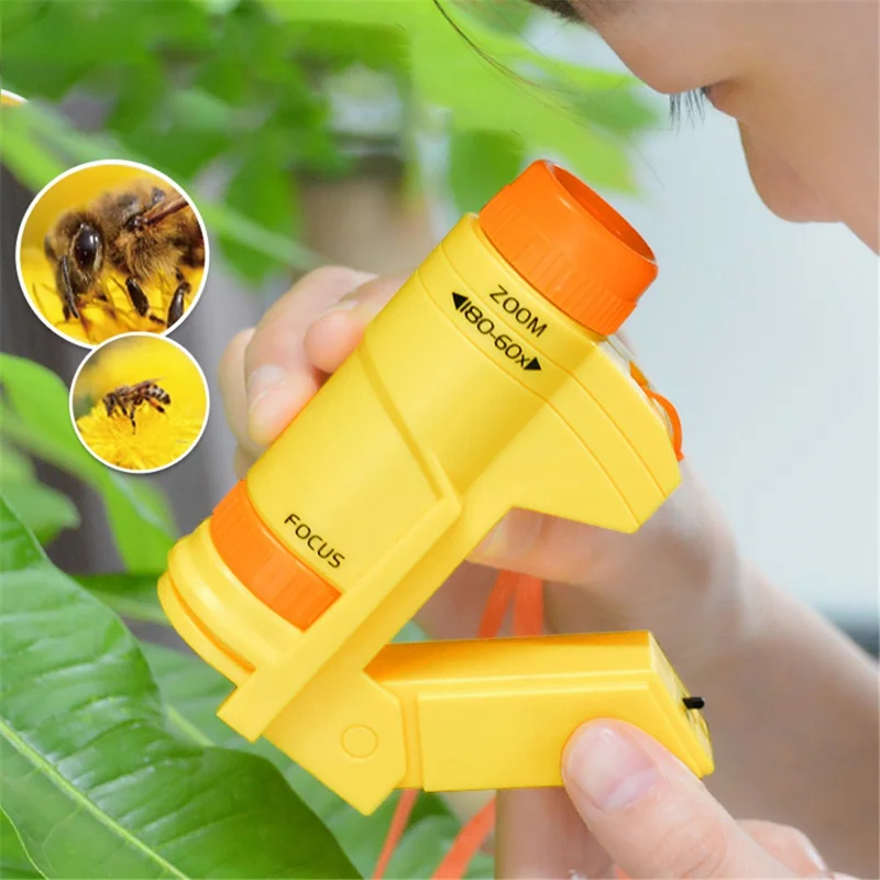 60-180x Kids Science Microscope Handheld Observation Microscope with LED Light Children Educational Toy - 2211 Yellow