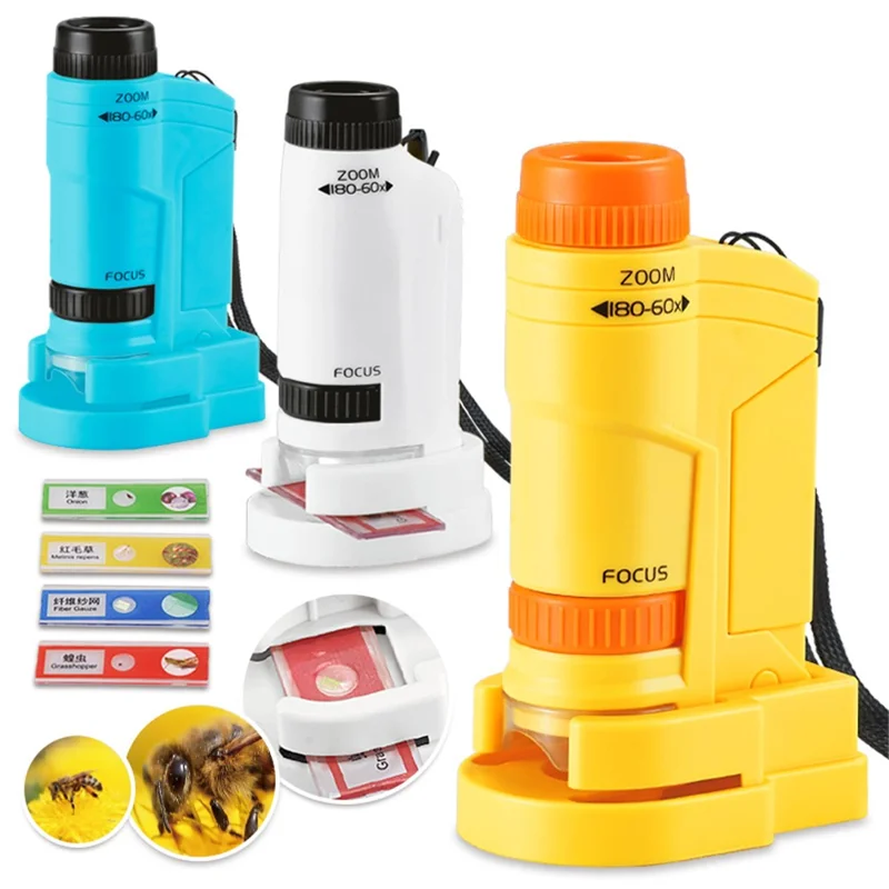 60-180x Kids Science Microscope Handheld Observation Microscope with LED Light Children Educational Toy - 2211 Yellow