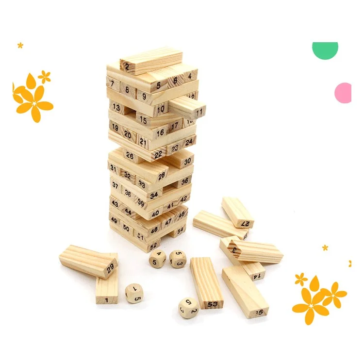 54 Pieces Natural Wood Color Jenga Timber Tower Wood Block Stacking Game