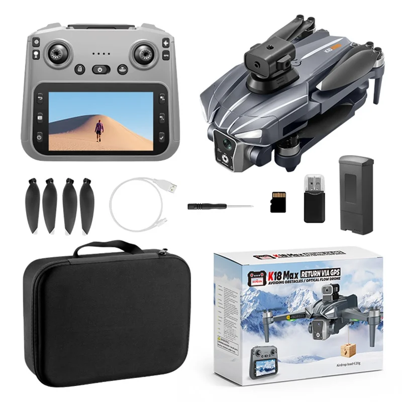 XKJ K18 MAX RC Drone with Screen Control Brushless Motors Aircraft HD Camera GPS Positioning Obstacle Avoidance Quadcopter, Single Battery