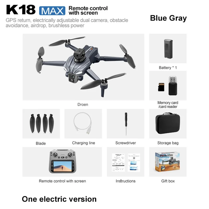XKJ K18 MAX RC Drone with Screen Control Brushless Motors Aircraft HD Camera GPS Positioning Obstacle Avoidance Quadcopter, Single Battery