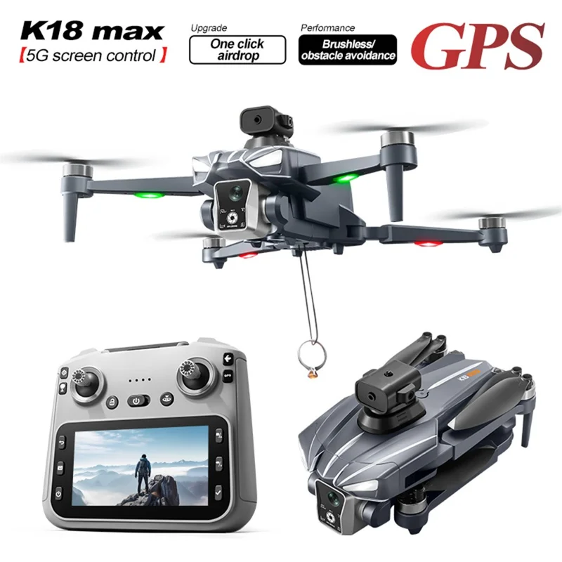 XKJ K18 MAX RC Drone with Screen Control Brushless Motors Aircraft HD Camera GPS Positioning Obstacle Avoidance Quadcopter, Single Battery