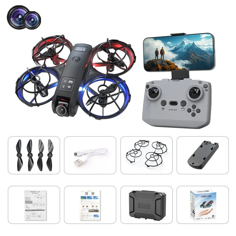 XKJ K100max GT3 Drone Dual Camera Optical Flow Positioning Mini Quadcopter with Dazzling LED Light - Black