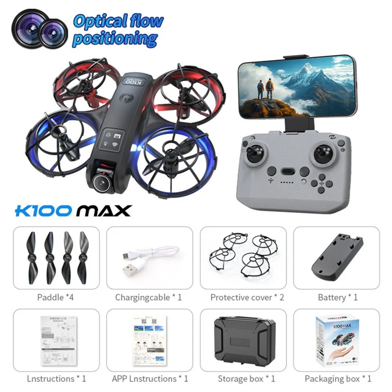 XKJ K100max GT3 Drone Dual Camera Optical Flow Positioning Mini Quadcopter with Dazzling LED Light - Black