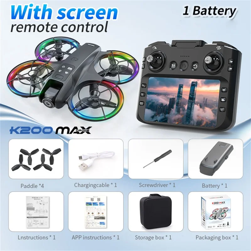 XKJ k200 Drone RC sem Escovas com Posicionamento de Fluxo Óptico, Manutenção de Altitude, Quadricóptero FPV com Tela de 4,5 Polegadas - Preto