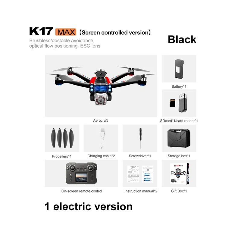 K17 MAX RC Drone with Screen Remote Control HD Aerial Photography Aircraft Obstacle Avoidance Brushless Quadcopter - Black