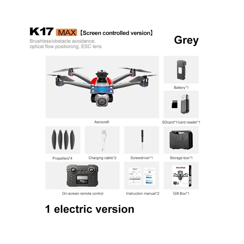 K17 MAX RC Drone with Screen Remote Control HD Aerial Photography Aircraft Obstacle Avoidance Brushless Quadcopter - Grey