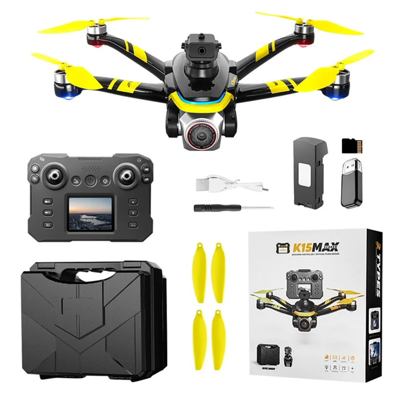 K15 RC Drone with Screen Remote Brushless Quadcopter Smart Obstacle Avoidance HD Aerial Photography Aircraft - Black / Yellow