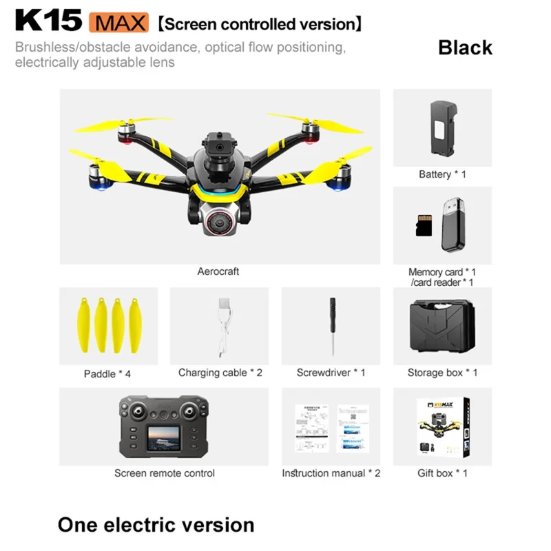 K15 RC Drone with Screen Remote Brushless Quadcopter Smart Obstacle Avoidance HD Aerial Photography Aircraft - Black / Yellow