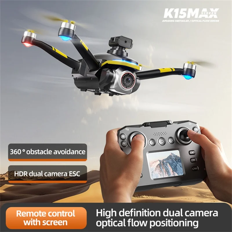K15 RC Drone with Screen Remote Brushless Quadcopter Smart Obstacle Avoidance HD Aerial Photography Aircraft - Black / Yellow