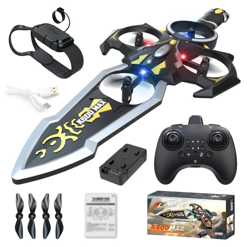 XKJ K600 MAX Flying Sword Drone Glowing Sword Quadcopter Toy Kids Gift , Dual Remote Control - Black