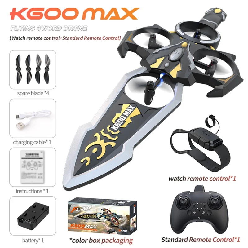 XKJ K600 MAX Flying Sword Drone Glowing Sword Quadcopter Toy Kids Gift , Dual Remote Control - Black