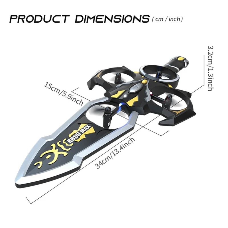 XKJ K600 MAX Flying Sword Drone Glowing Sword Quadcopter Toy Kids Gift , Dual Remote Control - Black
