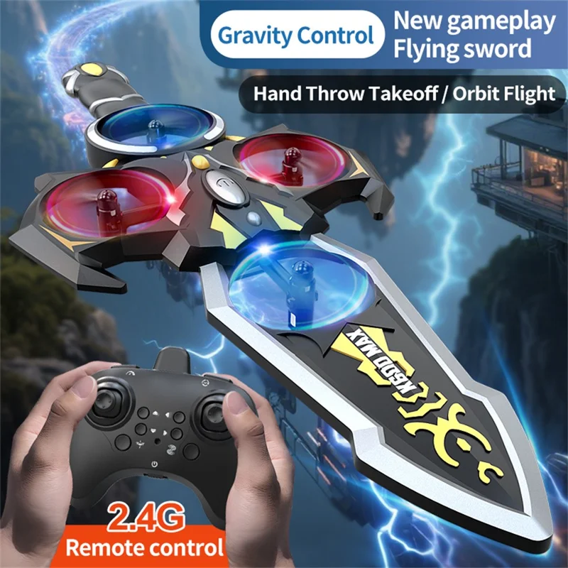 XKJ K600 MAX Flying Sword Drone Glowing Sword Quadcopter Toy Kids Gift , Dual Remote Control - Black