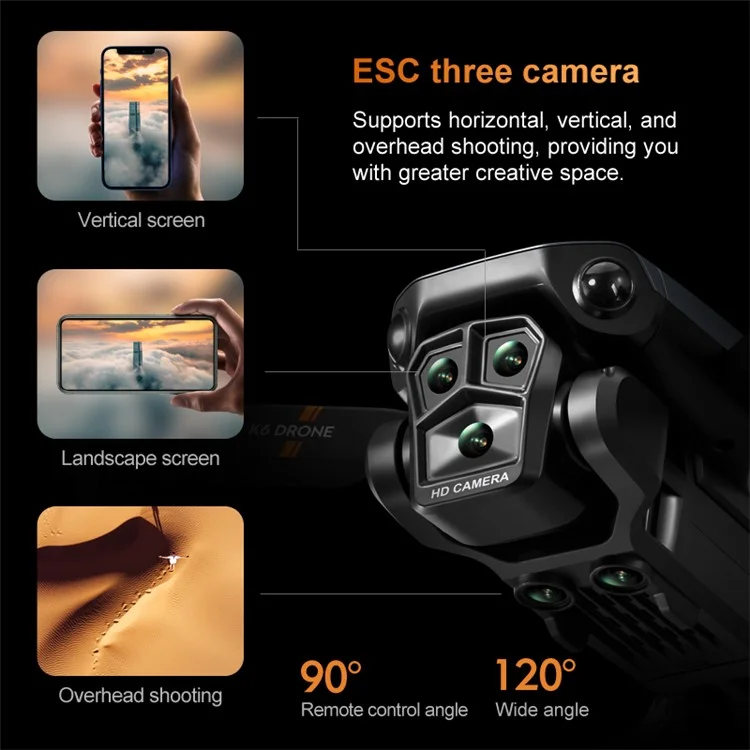 XKJ K6 MAX 3-Câmera Drone com Evitação de Obstáculos Fotografia Aérea HD Quadricóptero Dobrável RC com Bateria Única - Laranja 