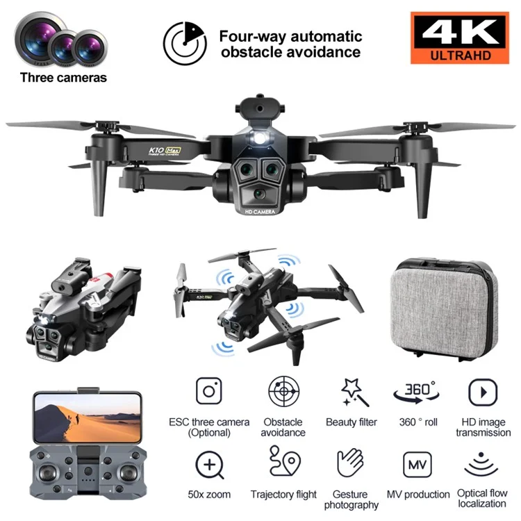 K10 MAX Drone Obstacle Avoidance 3-Camera 4K Portable Folding RC Aircraft, Single Battery Version - Black