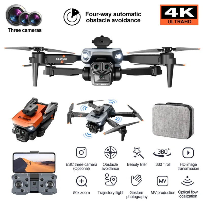 XKJ K6 MAX 3-Camera 4-Way Obstacle Avoidance RC Drone 2.4G Folding Aircraft with Air Pressure Altitude Hold, Single Battery - Orange