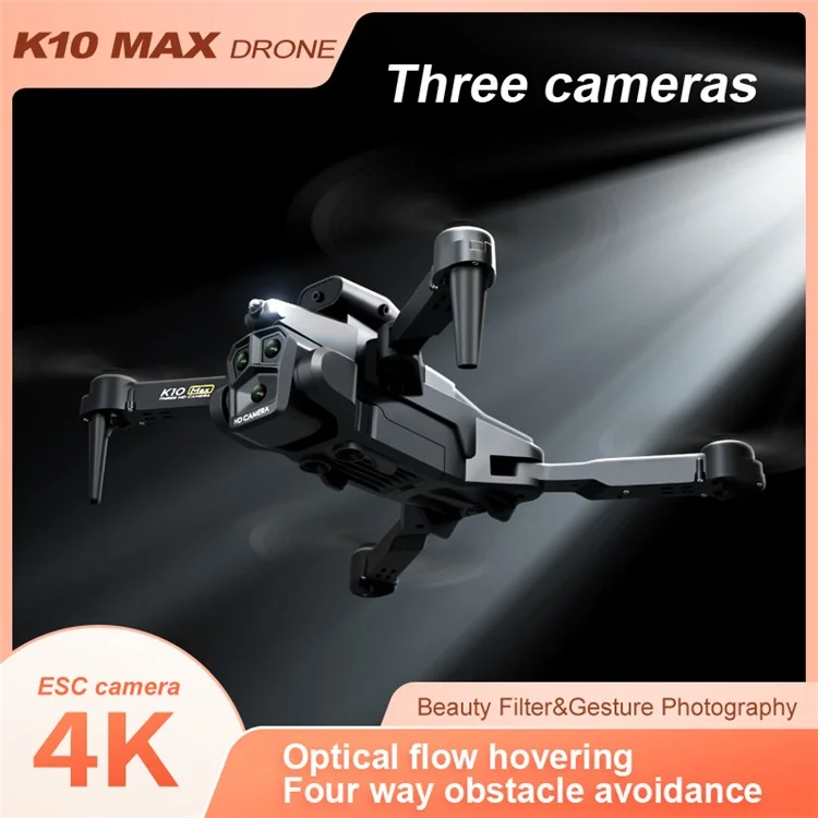 XKJ K10 MAX Three Camera RC Drone Obstacle Avoidance Optical Flow Hovering Quadcopter, Single Battery - Black