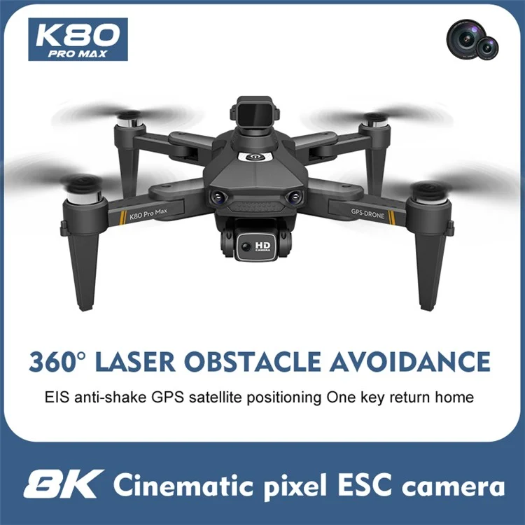 XKJ K80 PRO MAX Foldable Drone Laser Obstacle Avoidance 8K HD Dual Camera GPS Optical Flow Dual Mode Quadcopter, Single Battery - Black