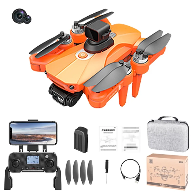 XKJ K80 PRO MAX Foldable Drone Laser Obstacle Avoidance 8K HD Dual Camera GPS Optical Flow Dual Mode Quadcopter, Single Battery - Orange