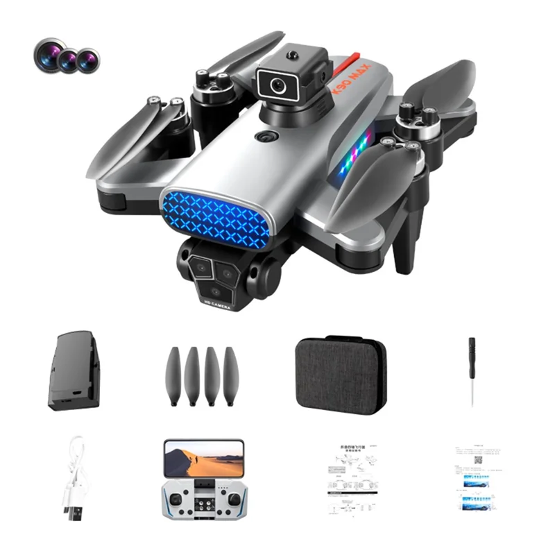 XKJ K90 Max Drone Brushless GPS 8K Três câmeras 5G WiFi FPV Evitar obstáculos RC Quadricóptero, 1 bateria - Cinza 